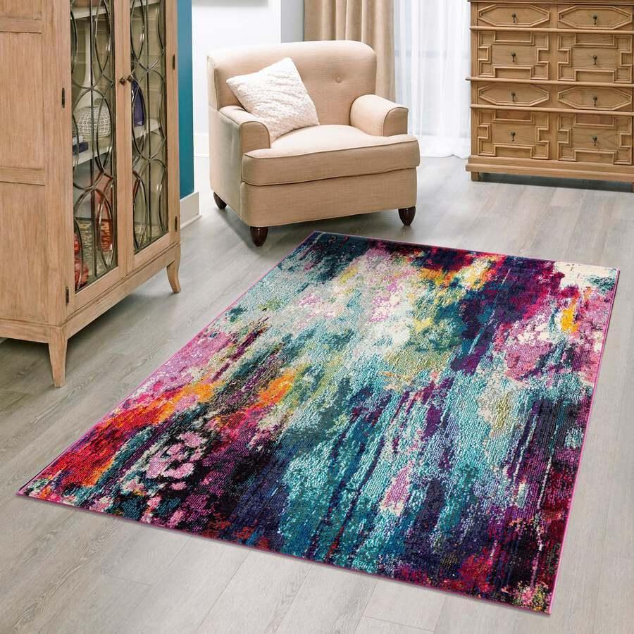 Unique Loom Indoor Rugs - Chromatic Abstract Palace Multi & Light Blue