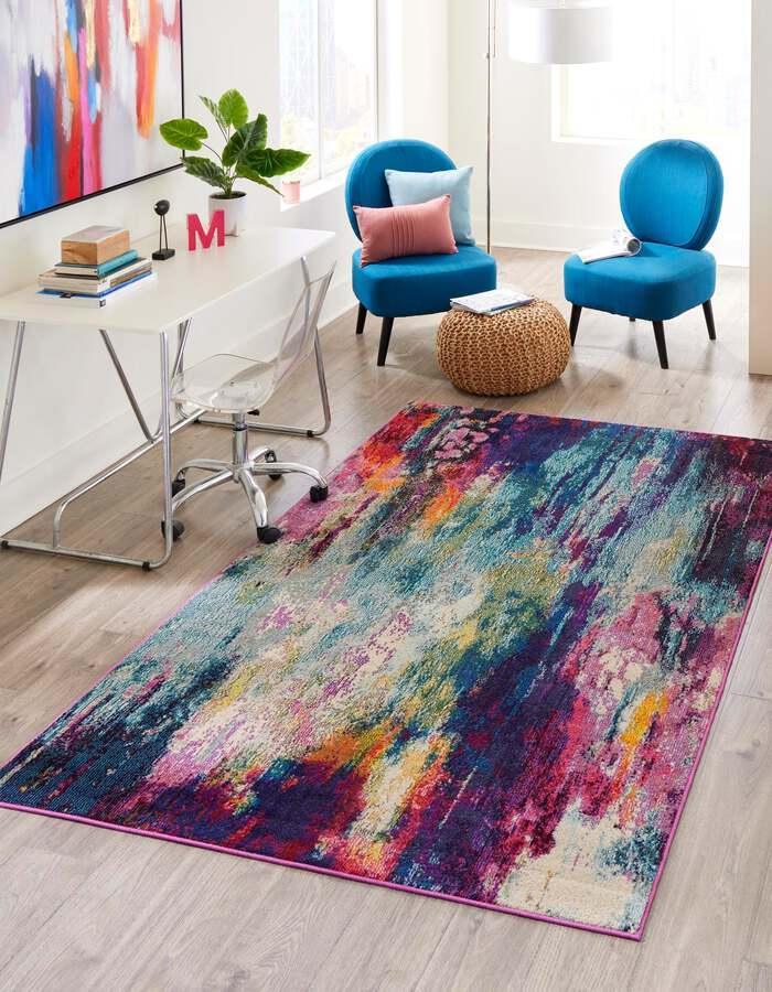 Unique Loom Indoor Rugs - Chromatic Abstract Palace Multi & Light Blue