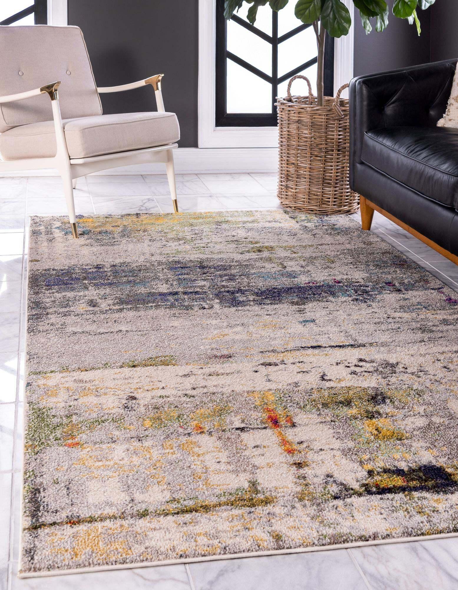 Unique Loom Indoor Rugs - Chromatic Abstract Rectangular 8x10 Rug Beige & Gray