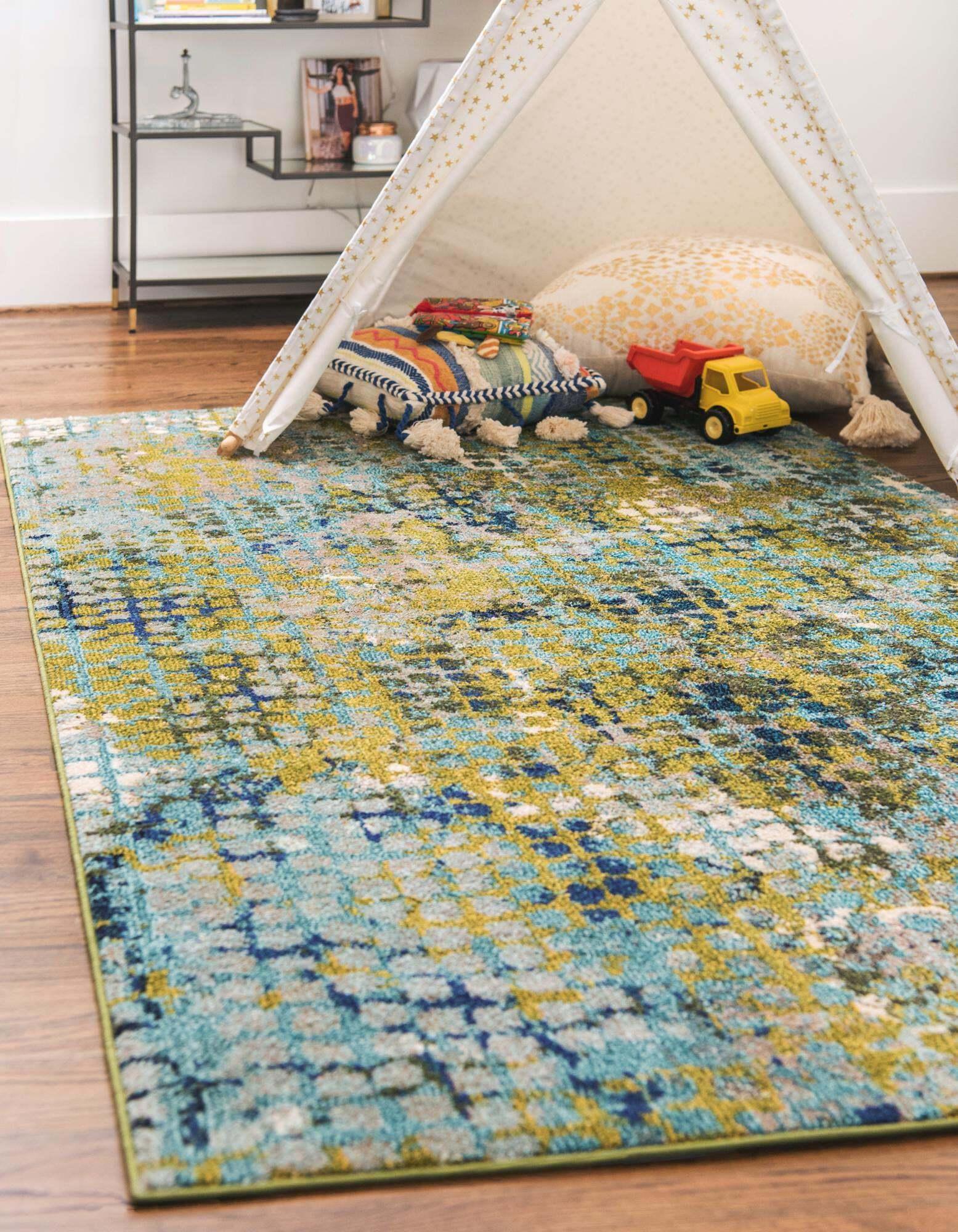 Unique Loom Indoor Rugs - Chromatic Abstract Rectangular 8x10 Rug Green & Blue