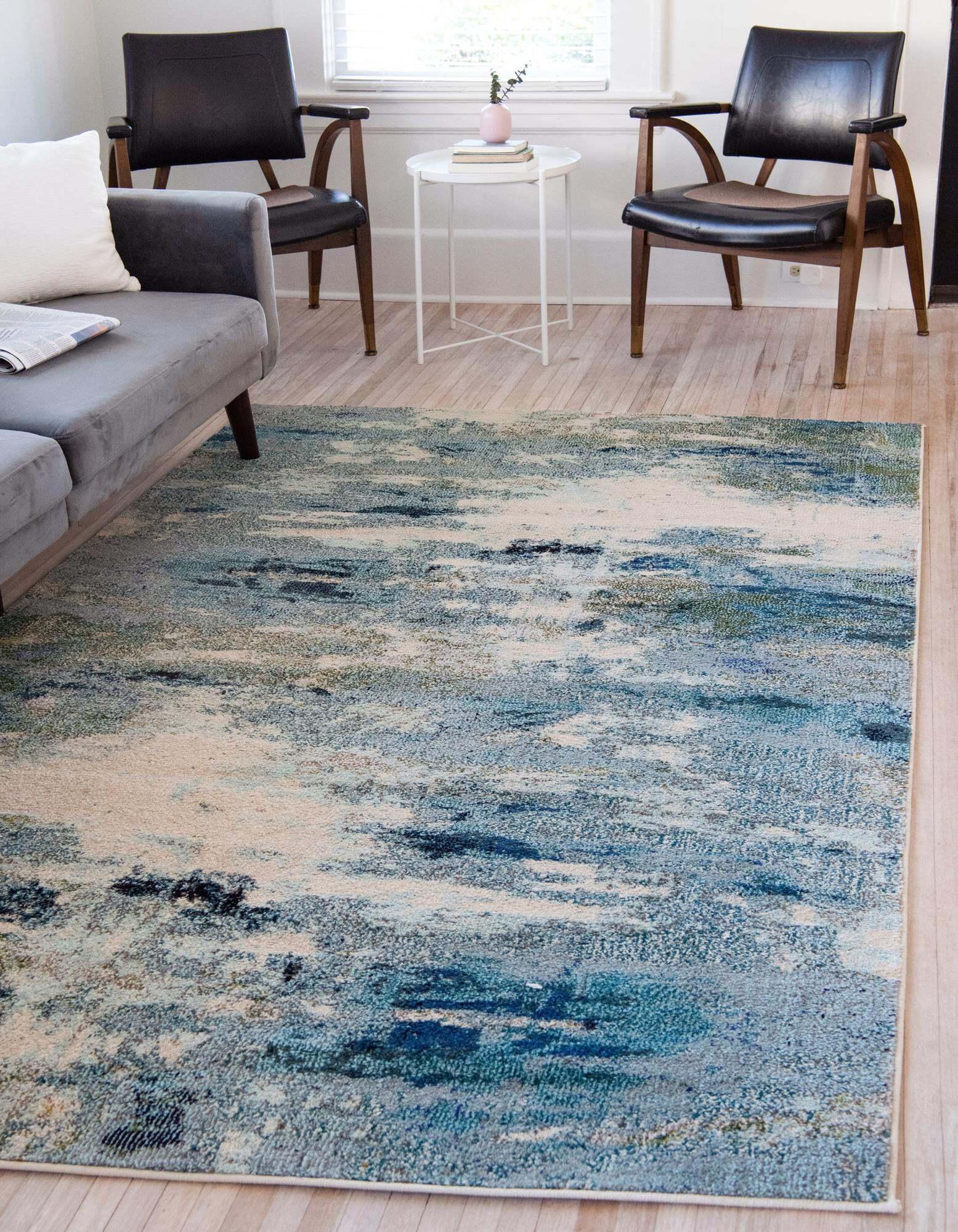 Unique Loom Indoor Rugs - Chromatic Abstract Rectangular 8x10 Rug Light Blue & Beige