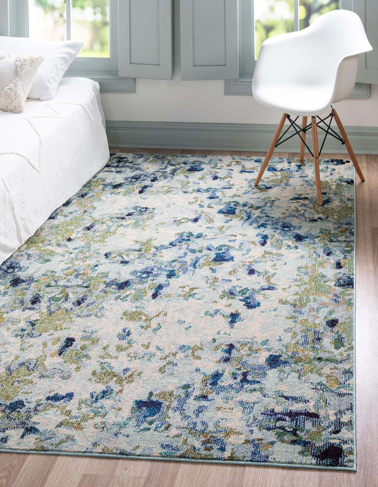 Unique Loom Indoor Rugs - Chromatic Abstract Rectangular 9x12 Rug Light Blue & Ivory