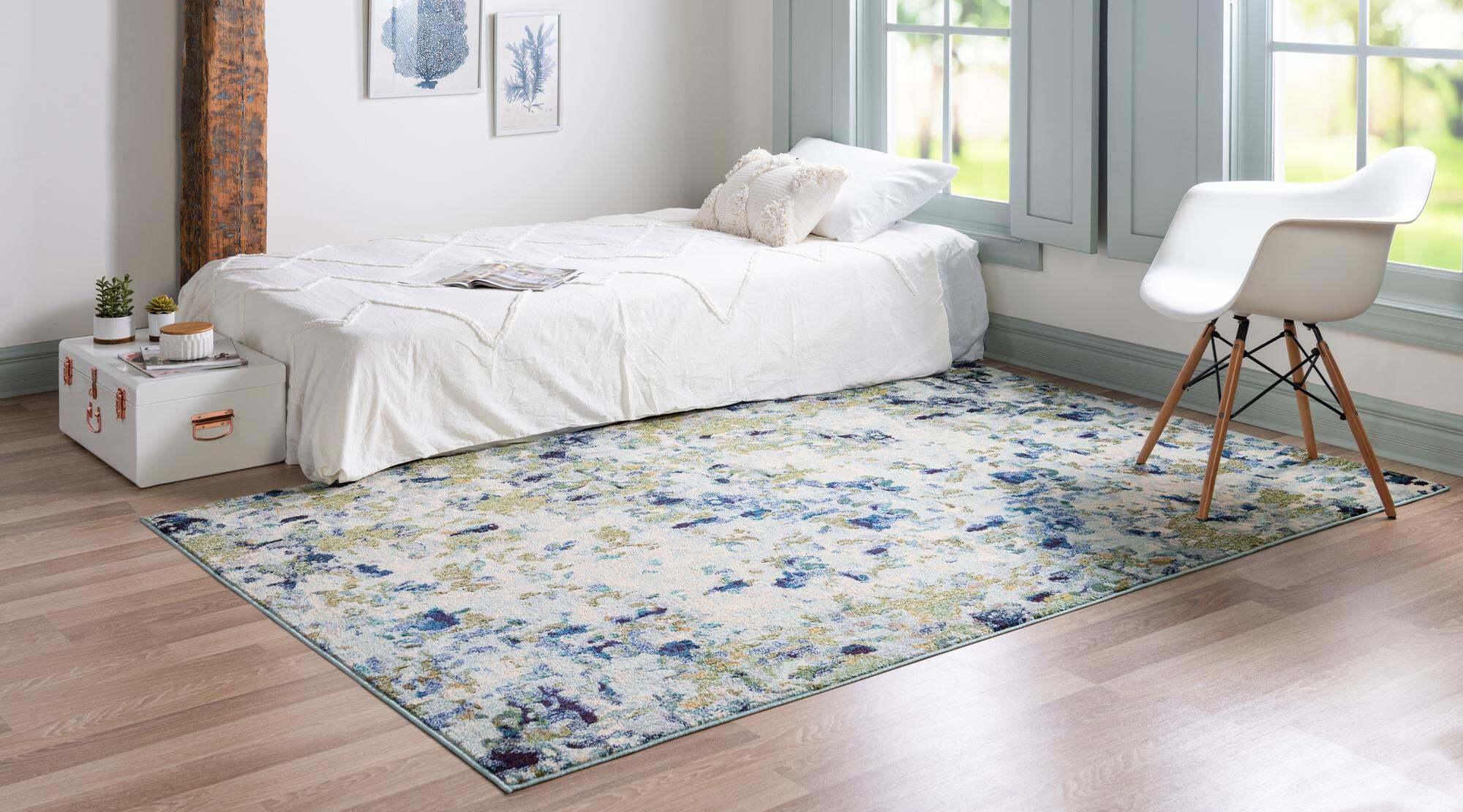 Unique Loom Indoor Rugs - Chromatic Abstract Rectangular 9x12 Rug Light Blue & Ivory