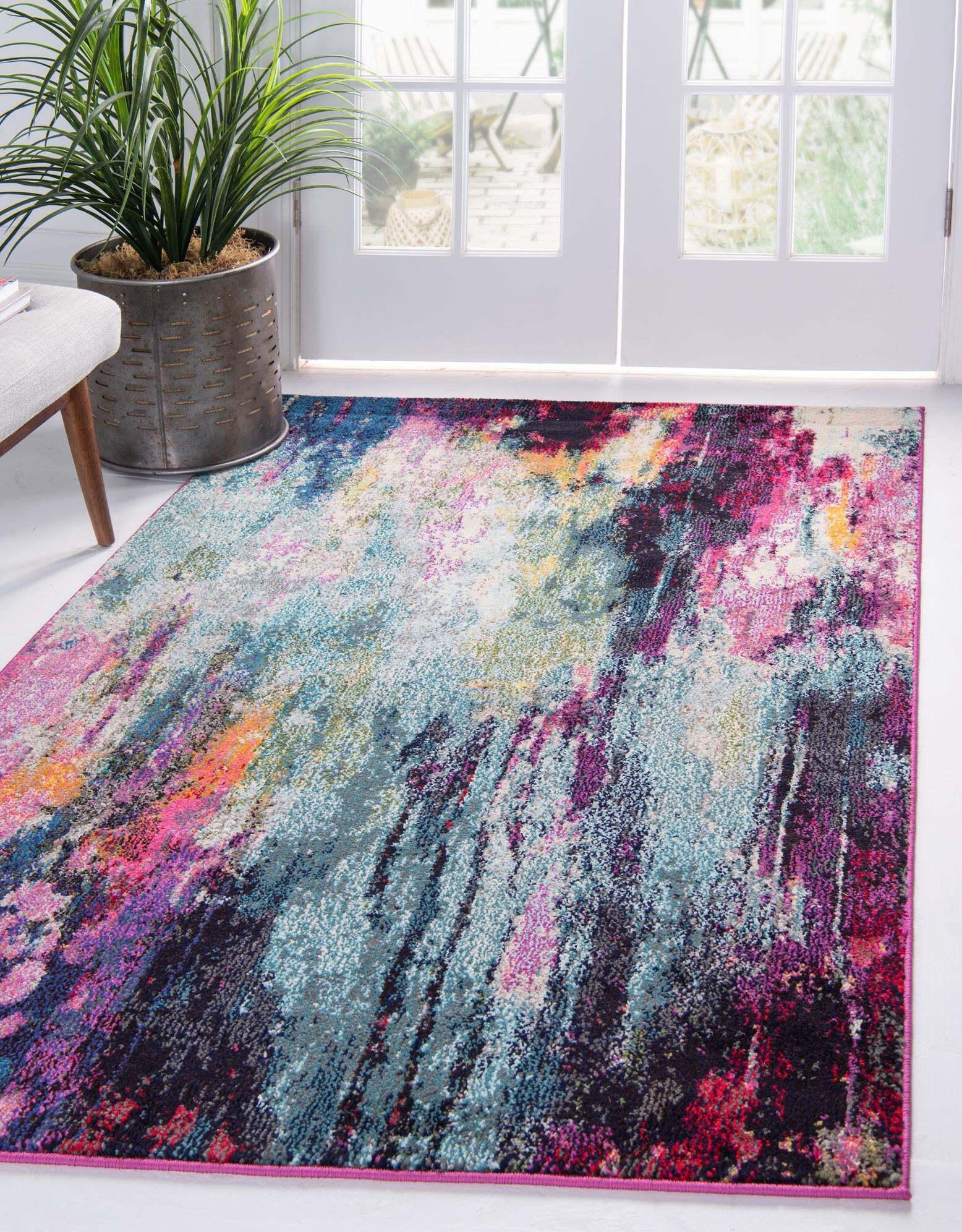 Unique Loom Indoor Rugs - Chromatic Abstract Rectangular 9x12 Rug Multi & Light Blue
