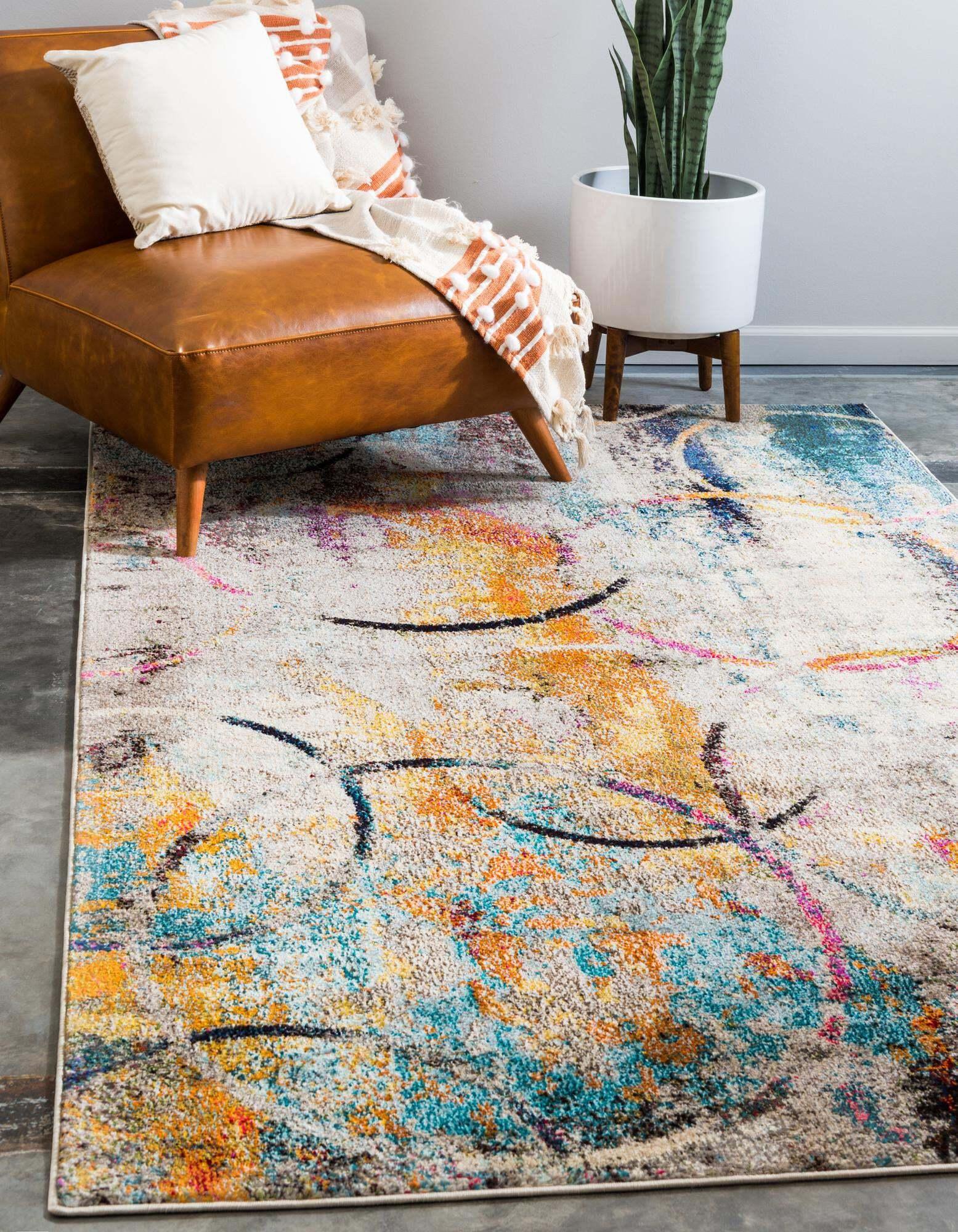 Unique Loom Indoor Rugs - Chromatic Geometric Rectangular 9x12 Rug Beige & Blue