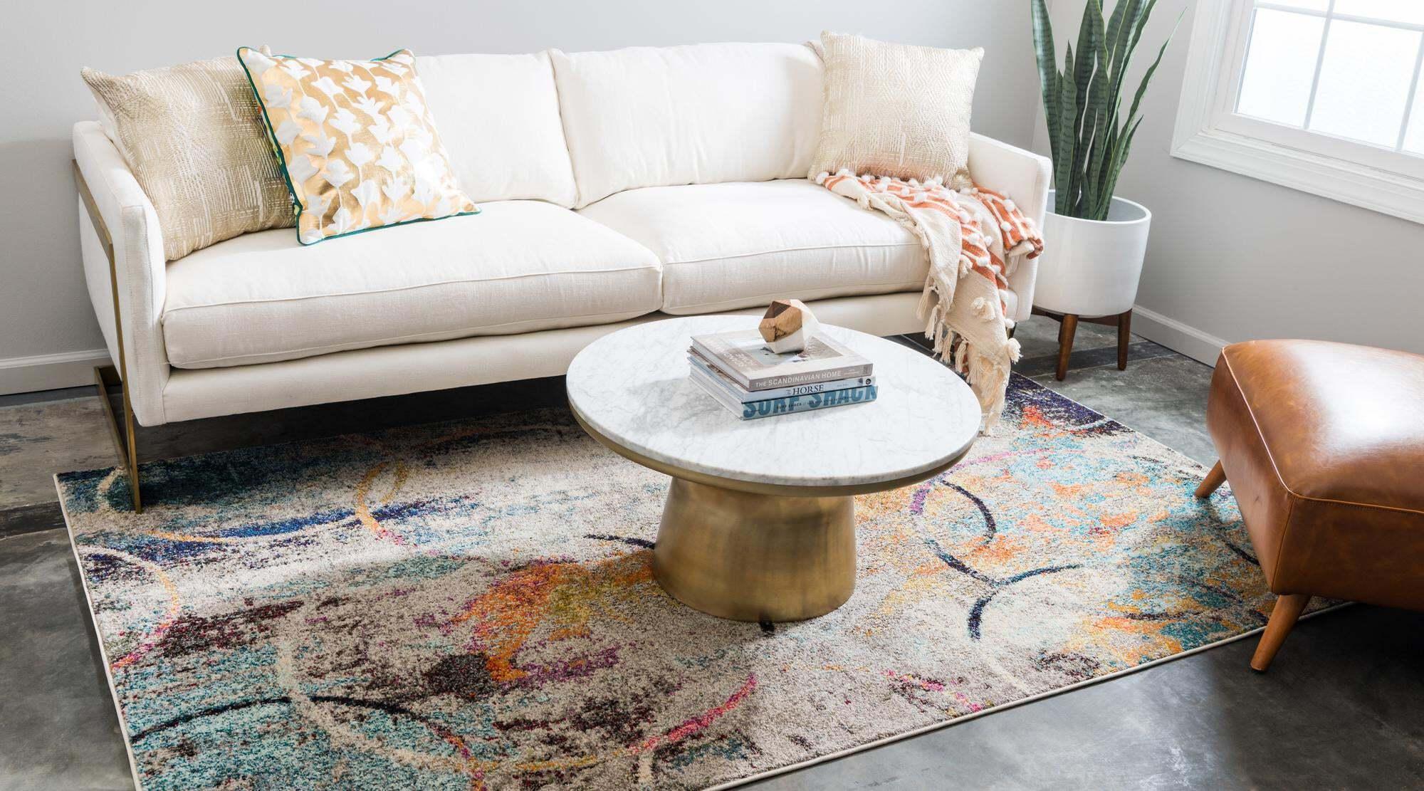 Unique Loom Indoor Rugs - Chromatic Geometric Rectangular 9x12 Rug Beige & Blue