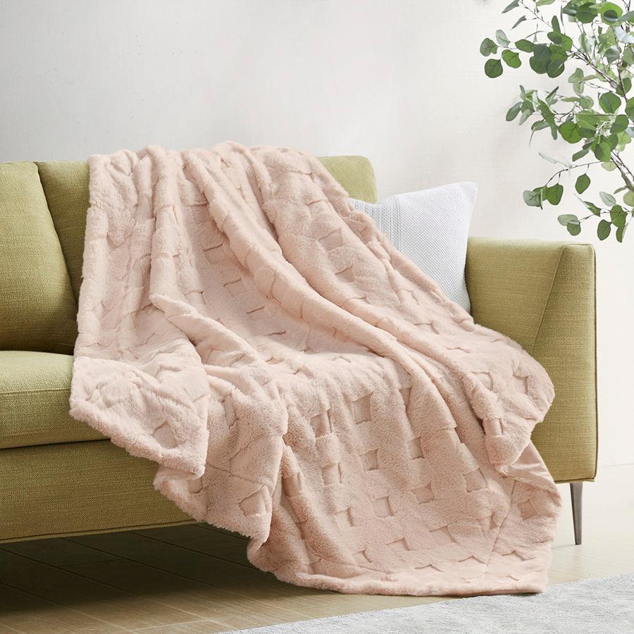Olliix.com Pillows & Throws - Claire Luxury Basketweave Faux Fur Throw Blush