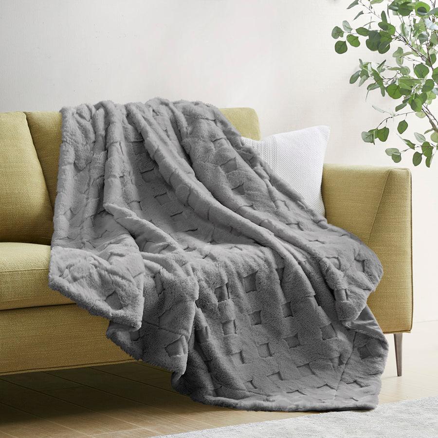 Olliix.com Pillows & Throws - Claire Luxury Basketweave Faux Fur Throw Grey