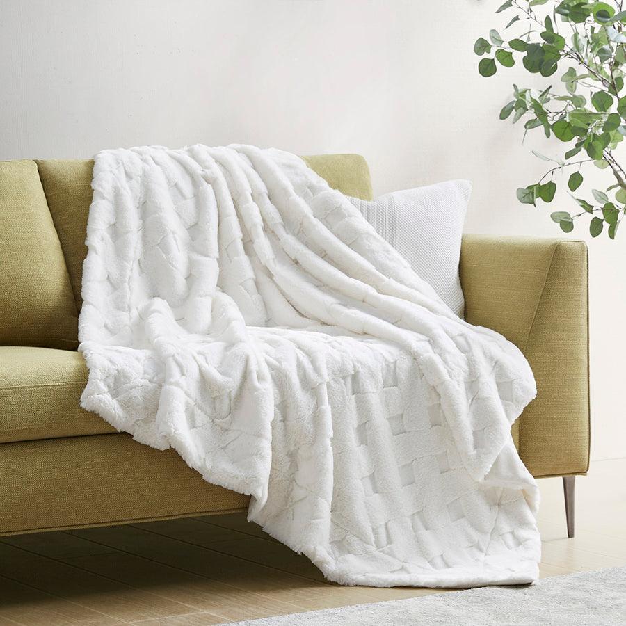 Olliix.com Pillows & Throws - Claire Luxury Basketweave Faux Fur Throw Ivory