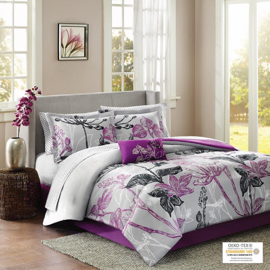 Olliix.com Comforters & Blankets - Claremont Global Inspired| Complete Comforter and Cotton Sheet Set Purple Full