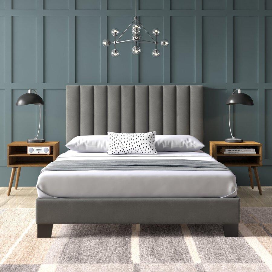 Elements Bedroom Sets - Colbie Upholstered Queen Platform Bed With Nightstands in Gray