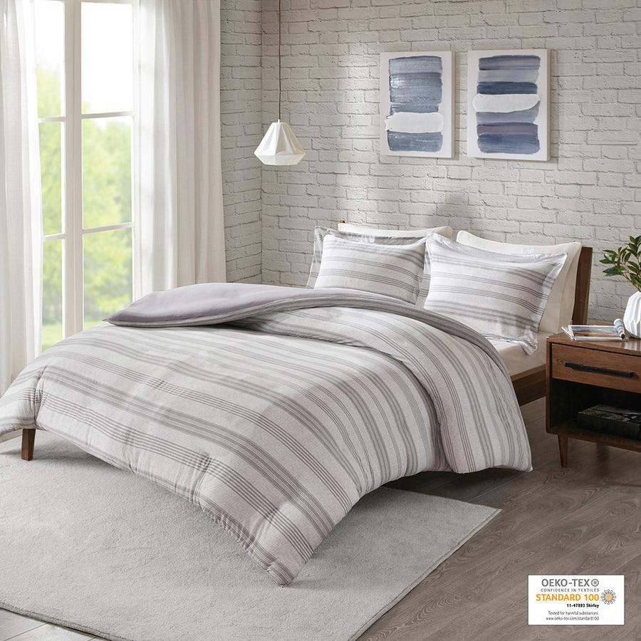 Olliix.com Duvet & Duvet Sets - Cole Casual Stripe Ultra Soft Cotton Blend Jersey Knit Duvet Cover Set Full/Queen Gray