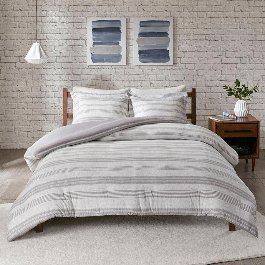 Olliix.com Duvet & Duvet Sets - Cole Casual Stripe Ultra Soft Cotton Blend Jersey Knit Duvet Cover Set Full/Queen Gray