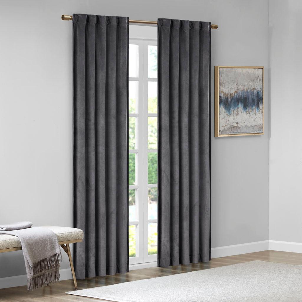 Olliix.com Curtains - Colt 63" Room Darkening Poly Velvet Rod Pocket Back Tab Window Panel Pair Charcoal