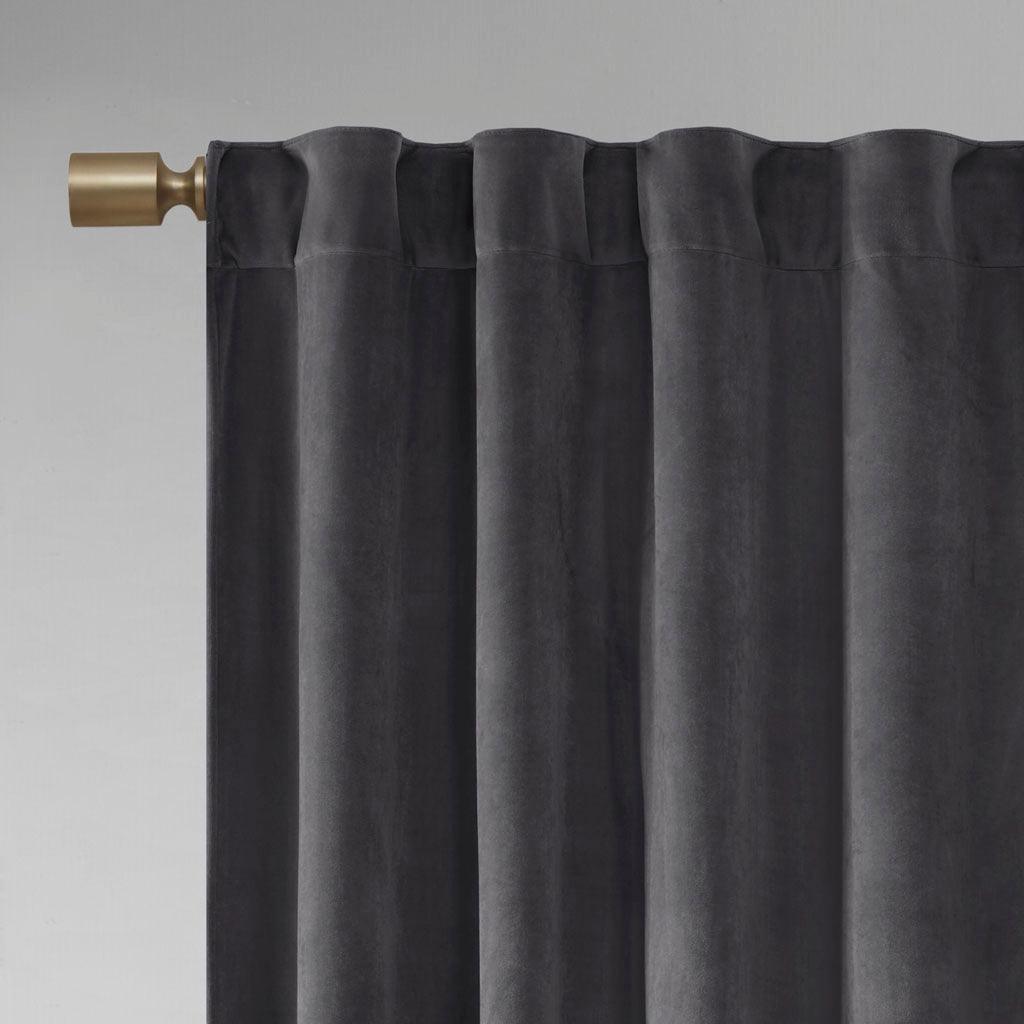 Olliix.com Curtains - Colt 63" Room Darkening Poly Velvet Rod Pocket Back Tab Window Panel Pair Charcoal