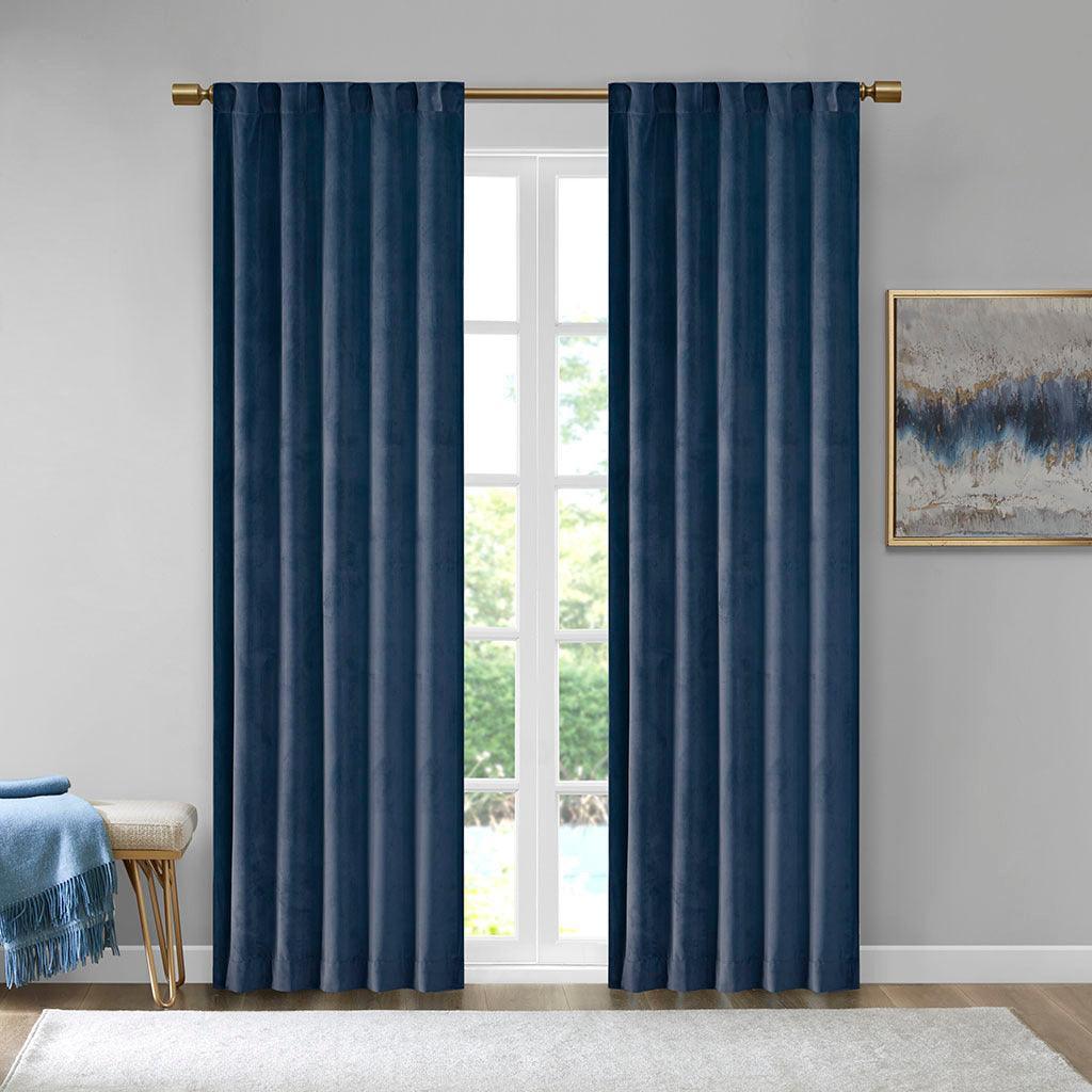 Olliix.com Curtains - Colt 84" Room Darkening Poly Velvet Rod Pocket Back Tab Window Panel Pair Navy