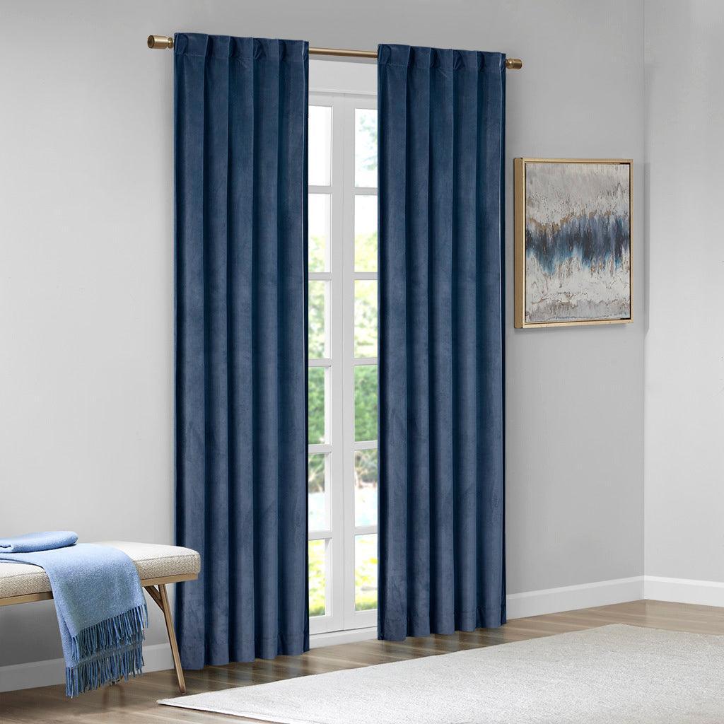 Olliix.com Curtains - Colt 84" Room Darkening Poly Velvet Rod Pocket Back Tab Window Panel Pair Navy