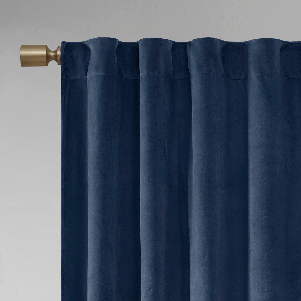Olliix.com Curtains - Colt 84" Room Darkening Poly Velvet Rod Pocket Back Tab Window Panel Pair Navy