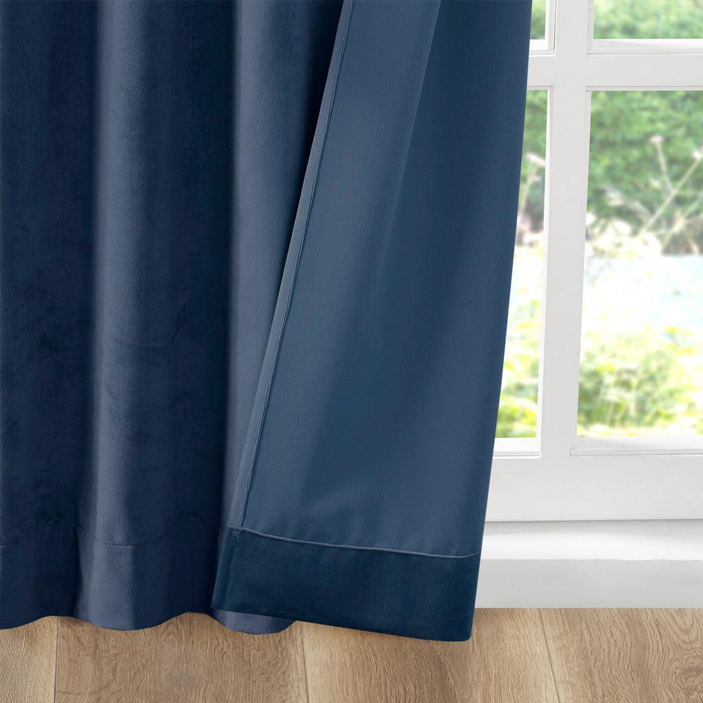 Olliix.com Curtains - Colt 84" Room Darkening Poly Velvet Rod Pocket Back Tab Window Panel Pair Navy