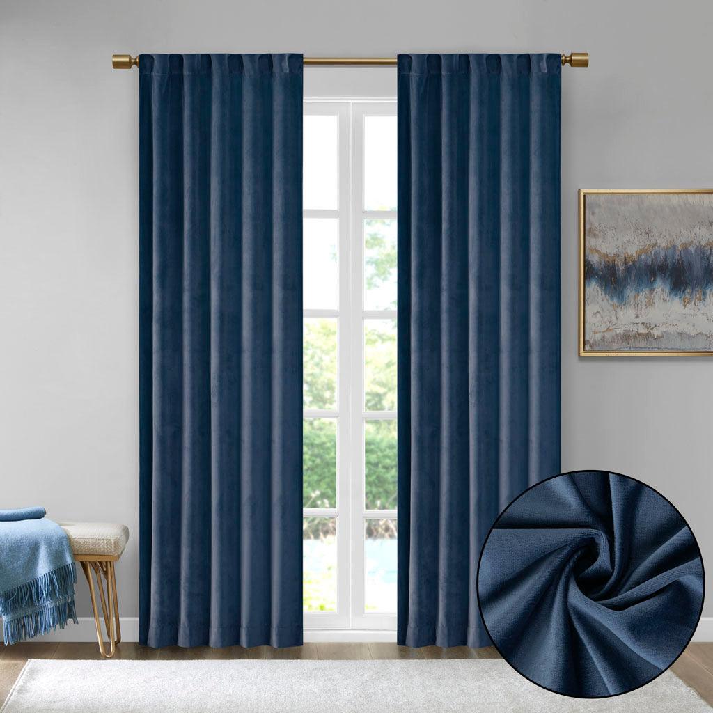 Olliix.com Curtains - Colt 84" Room Darkening Poly Velvet Rod Pocket Back Tab Window Panel Pair Navy