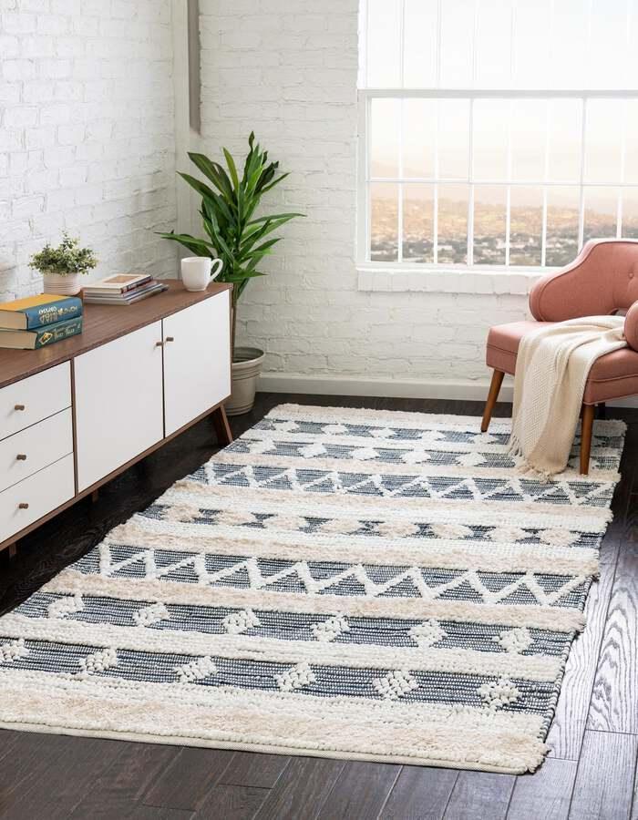 Unique Loom Indoor Rugs - Cotton Chindi Modern Boho Chic 10x14 Rectangular Rug Ivory