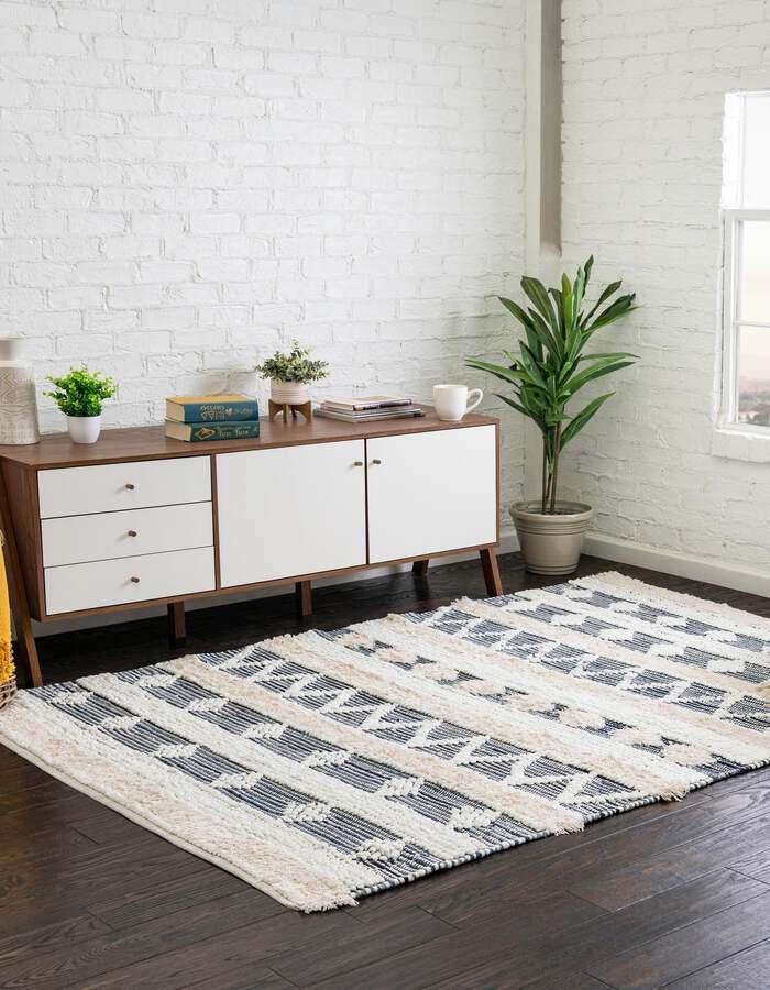 Unique Loom Indoor Rugs - Cotton Chindi Modern Boho Chic 10x14 Rectangular Rug Ivory