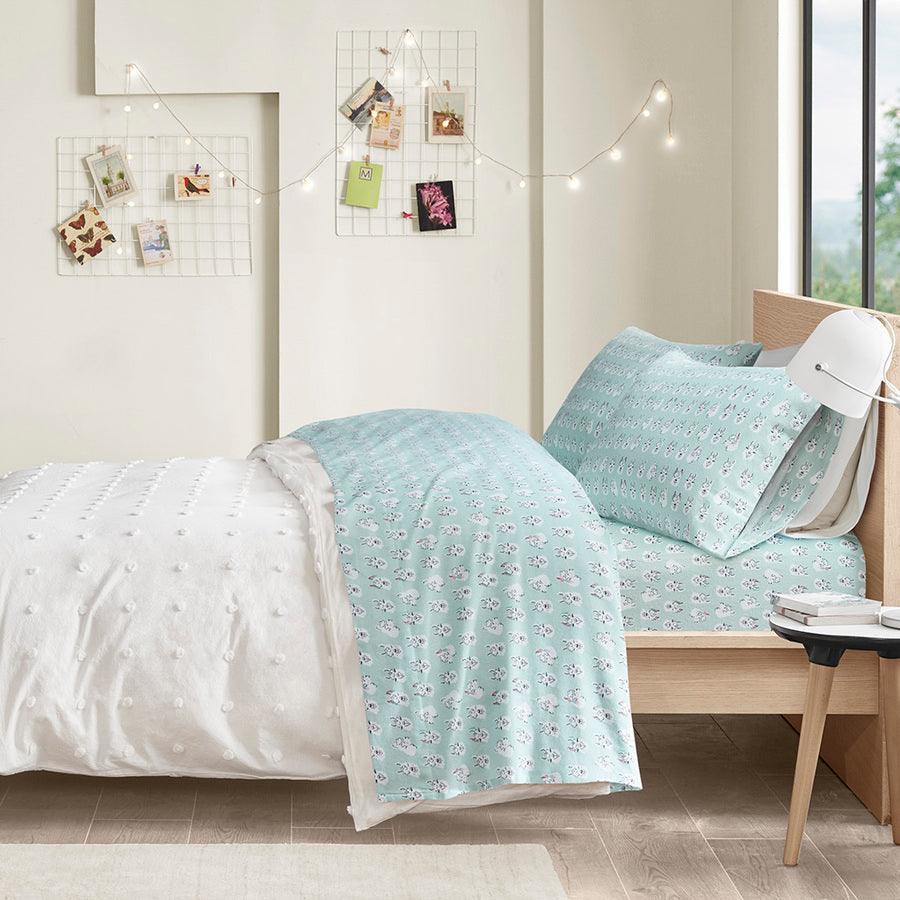 Olliix.com Sheets & Sheet Sets - Cotton Novelty Print Flannel Sheet Set Aqua Llama Face ID20-2054