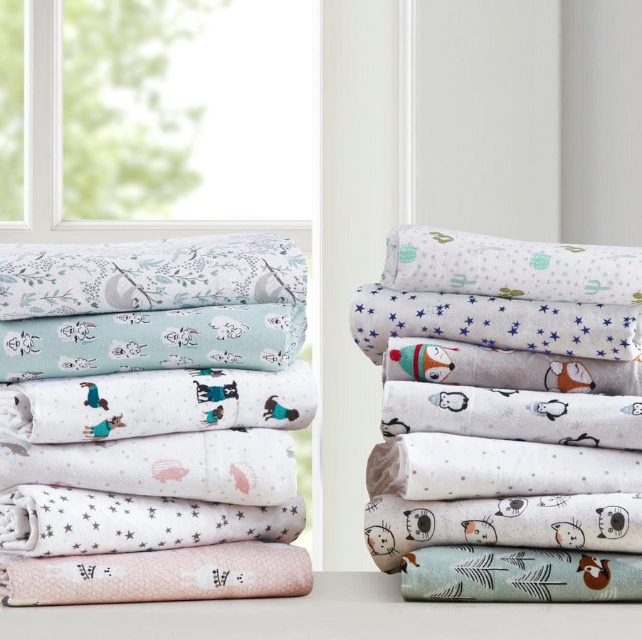 Olliix.com Sheets & Sheet Sets - Cotton Novelty Print Flannel Sheet Set Aqua Llama Face ID20-2054