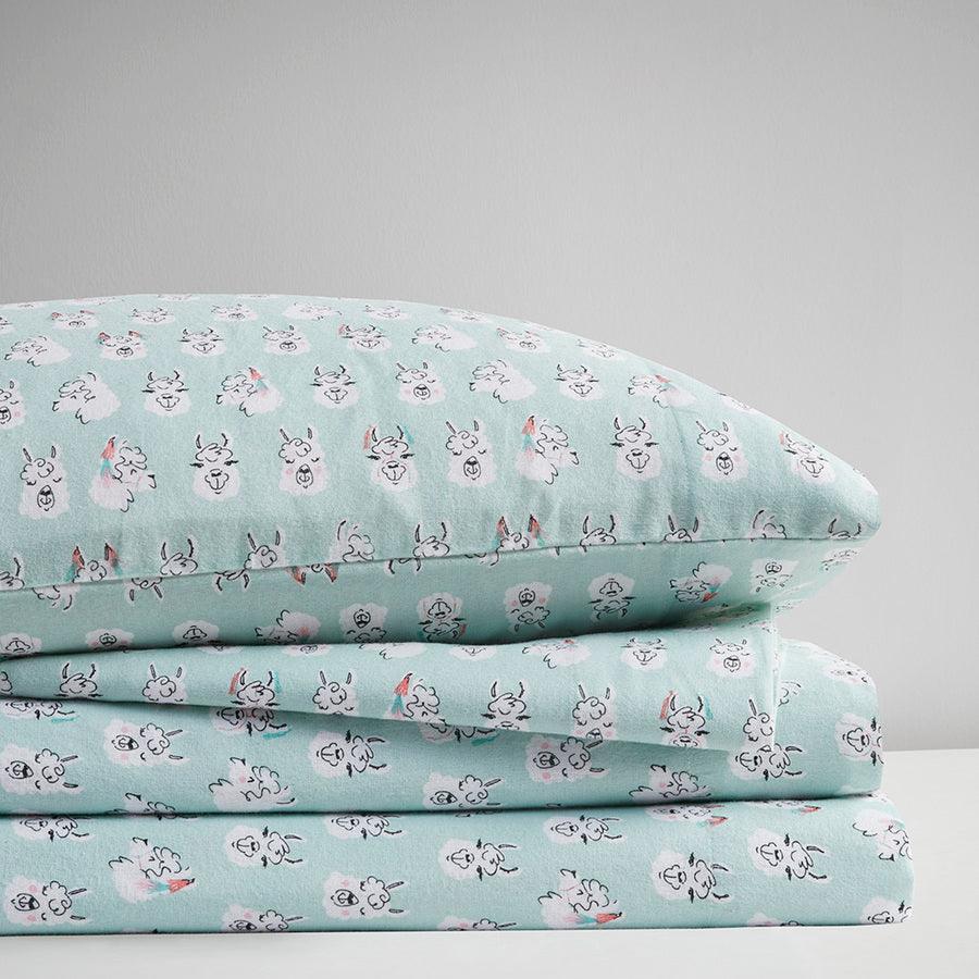 Olliix.com Sheets & Sheet Sets - Cotton Novelty Print Flannel Sheet Set Aqua Llama Face ID20-2054