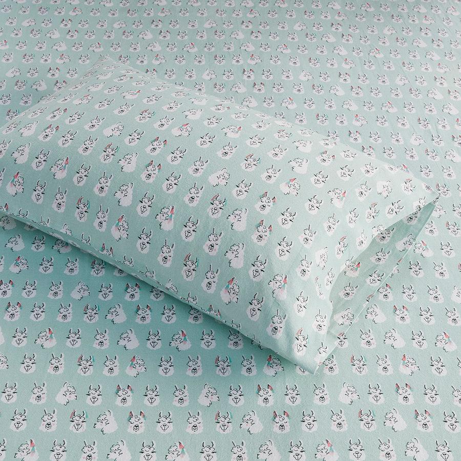 Olliix.com Sheets & Sheet Sets - Cotton Novelty Print Flannel Sheet Set Aqua Llama Face ID20-2054