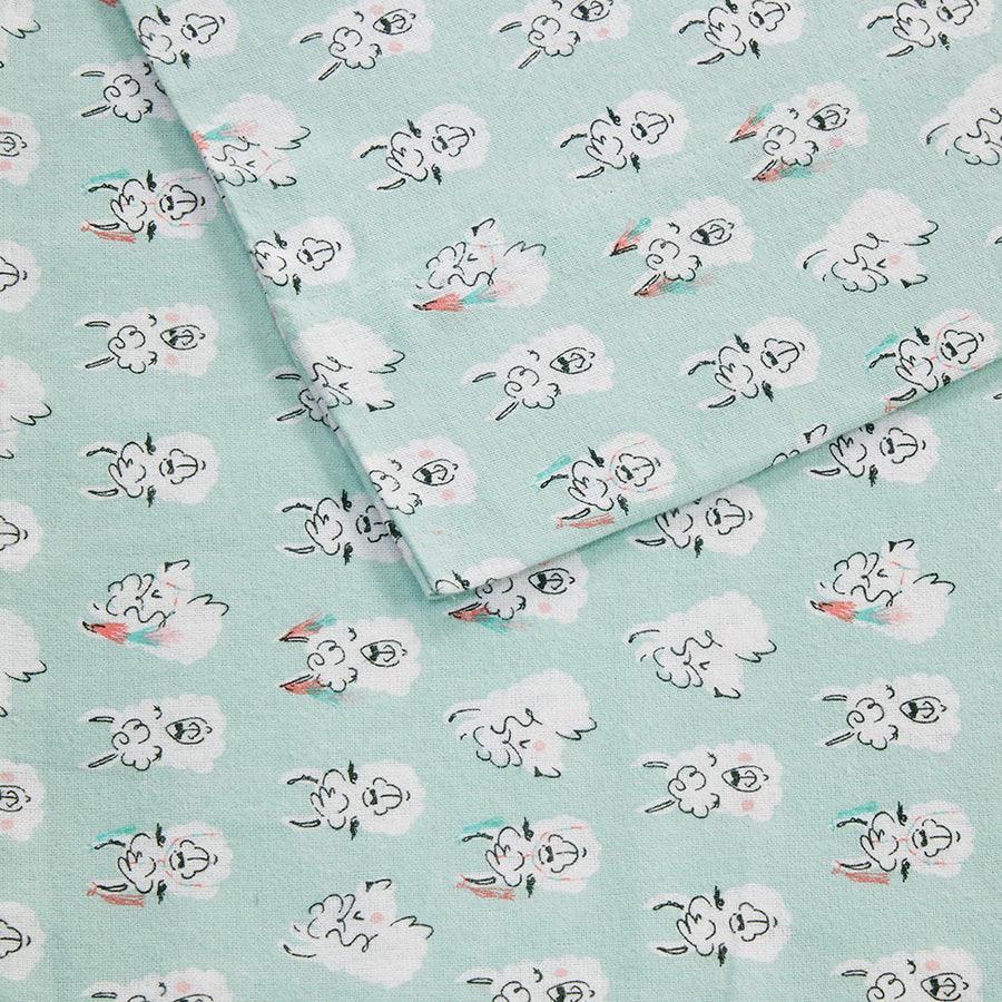 Olliix.com Sheets & Sheet Sets - Cotton Novelty Print Flannel Sheet Set Aqua Llama Face ID20-2054