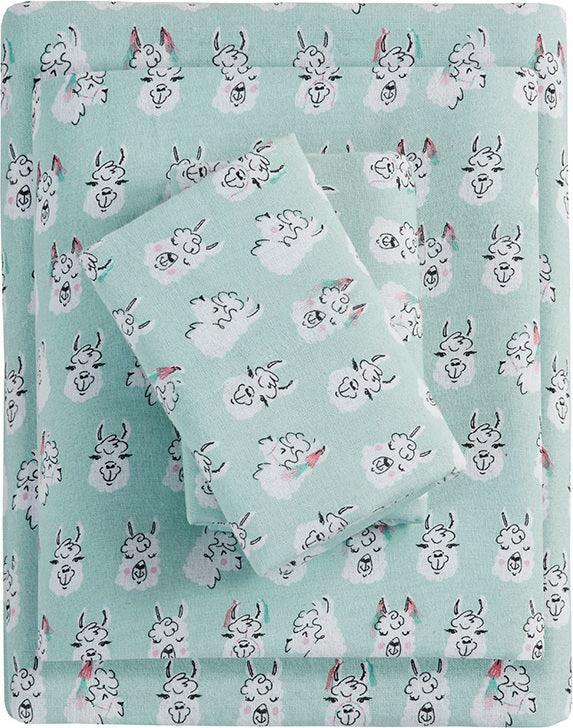 Olliix.com Sheets & Sheet Sets - Cotton Novelty Print Flannel Sheet Set Aqua Llama Face ID20-2054