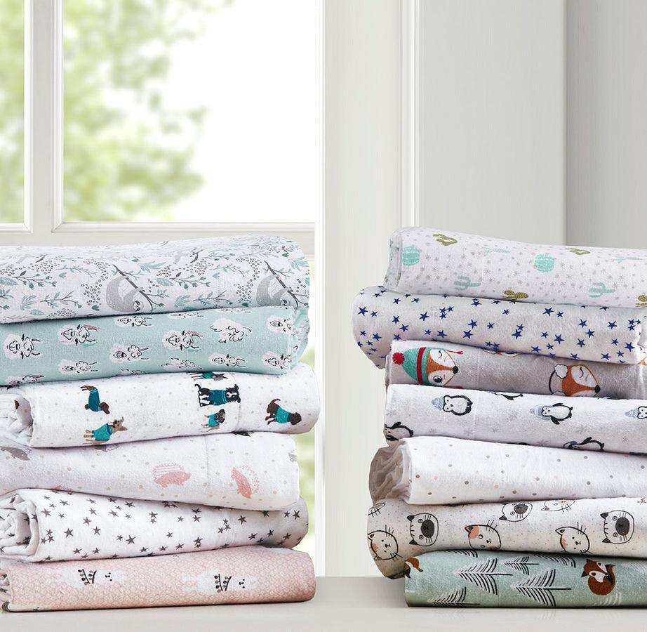 Olliix.com Sheets & Sheet Sets - Cotton Novelty Print Flannel Sheet Set Aqua Llama Face ID20-2054