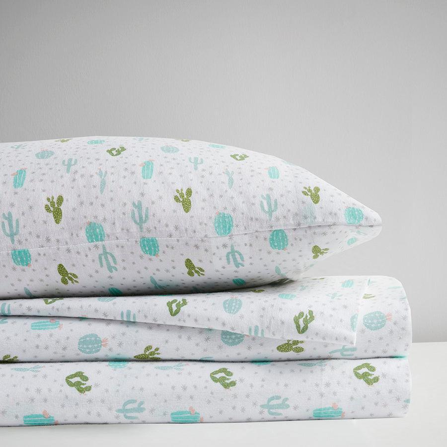 Olliix.com Sheets & Sheet Sets - Cotton Novelty Print Flannel Sheet Set Green Cactus ID20-2050