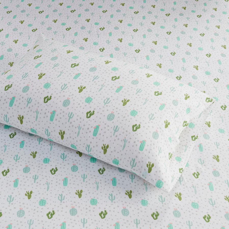 Olliix.com Sheets & Sheet Sets - Cotton Novelty Print Flannel Sheet Set Green Cactus ID20-2050