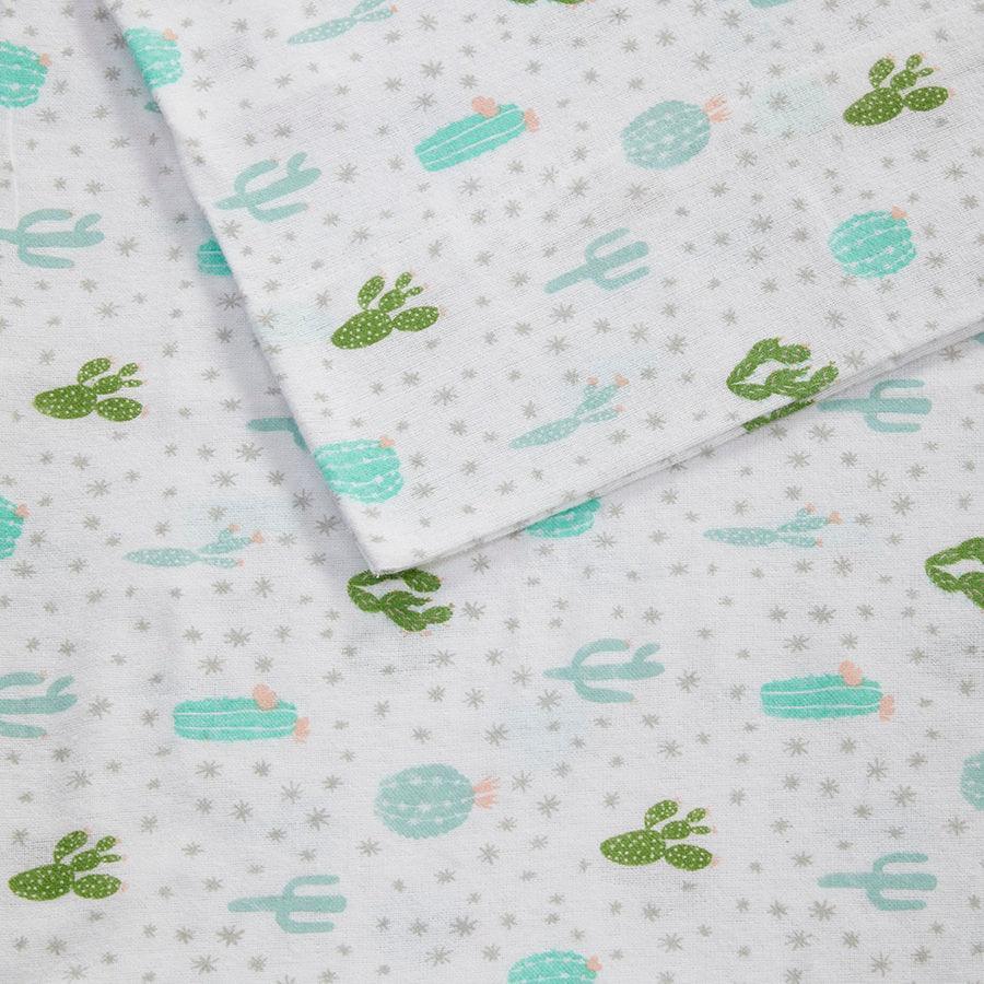 Olliix.com Sheets & Sheet Sets - Cotton Novelty Print Flannel Sheet Set Green Cactus ID20-2050