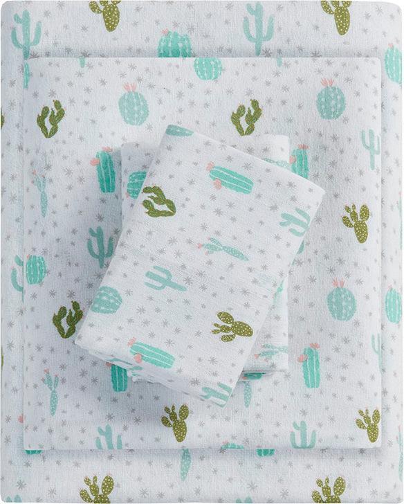 Olliix.com Sheets & Sheet Sets - Cotton Novelty Print Flannel Sheet Set Green Cactus ID20-2050
