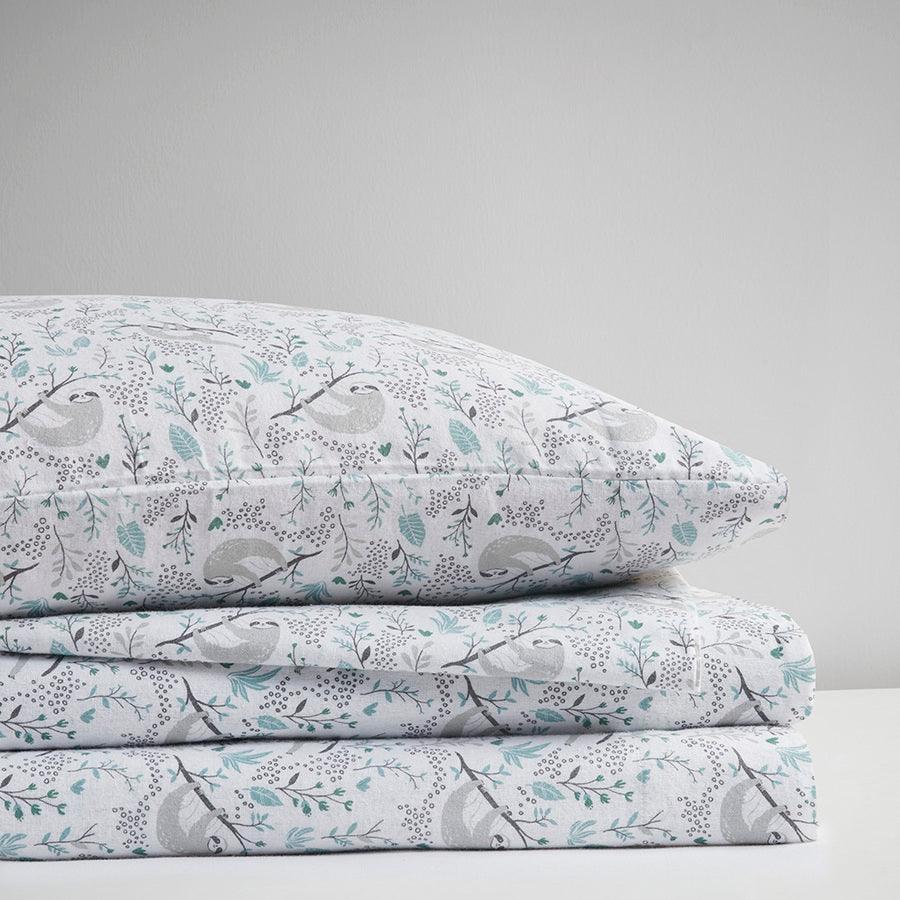 Olliix.com Sheets & Sheet Sets - Cotton Novelty Print Flannel Sheet Set Grey Sloths ID20-2046