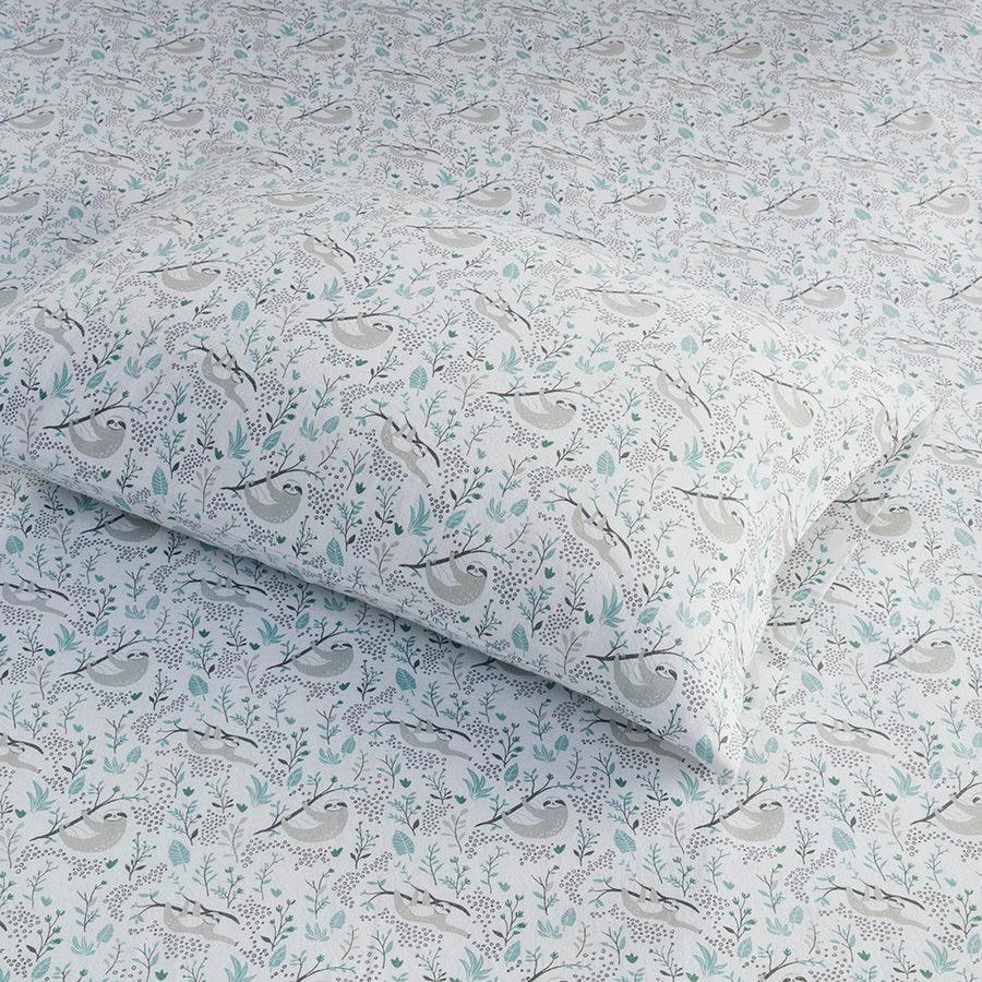 Olliix.com Sheets & Sheet Sets - Cotton Novelty Print Flannel Sheet Set Grey Sloths ID20-2046