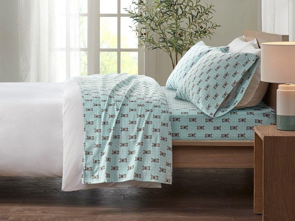 Olliix.com Sheets & Sheet Sets - Cozy Cotton Flannel Twin Printed Sheet Set Aqua French