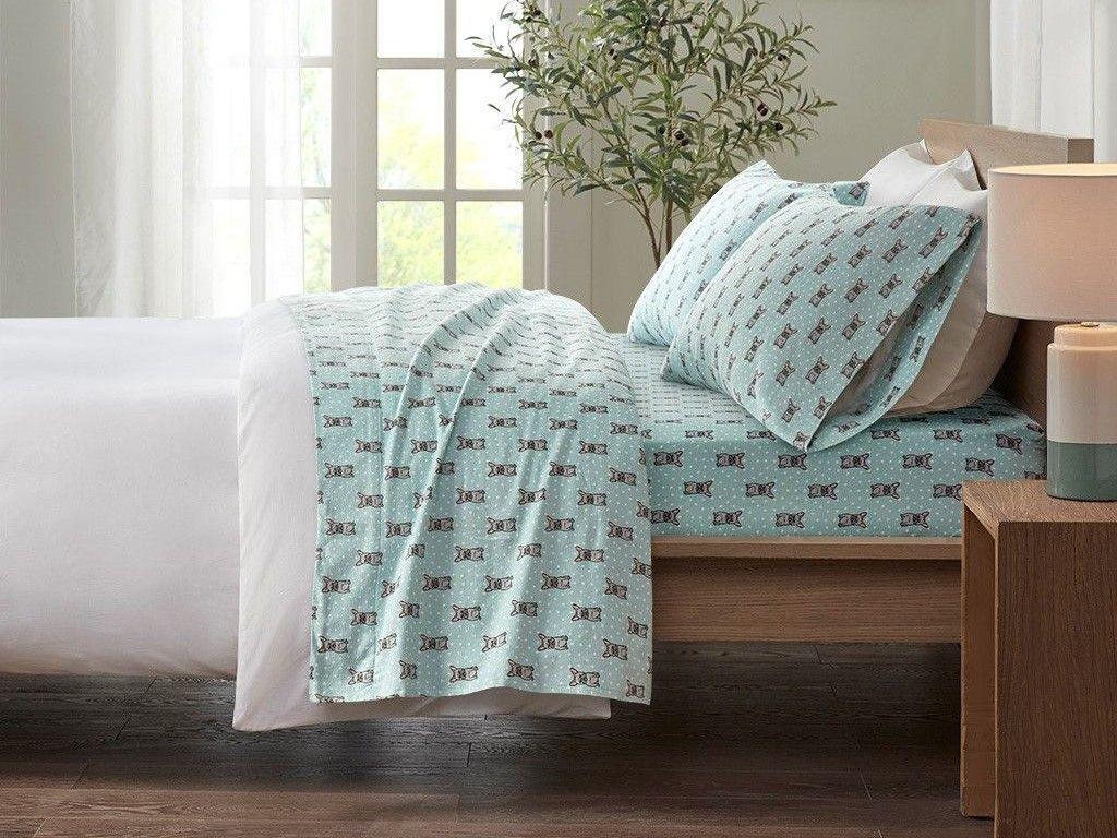 Olliix.com Sheets & Sheet Sets - Cozy Cotton Flannel Twin XL Printed Sheet Set Aqua French