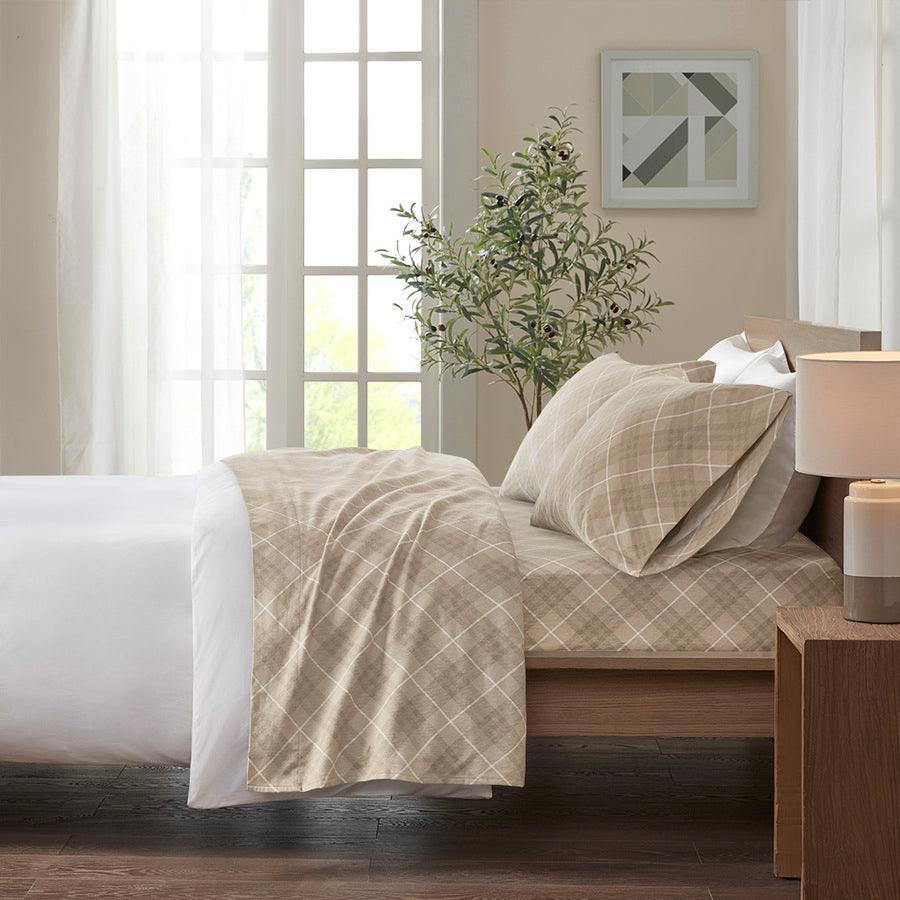 Olliix.com Sheets & Sheet Sets - Cozy Flannel 100% Cotton Print Sheet Set Queen Tan Plaid