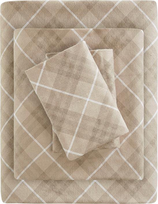 Olliix.com Sheets & Sheet Sets - Cozy Flannel 100% Cotton Print Sheet Set Queen Tan Plaid
