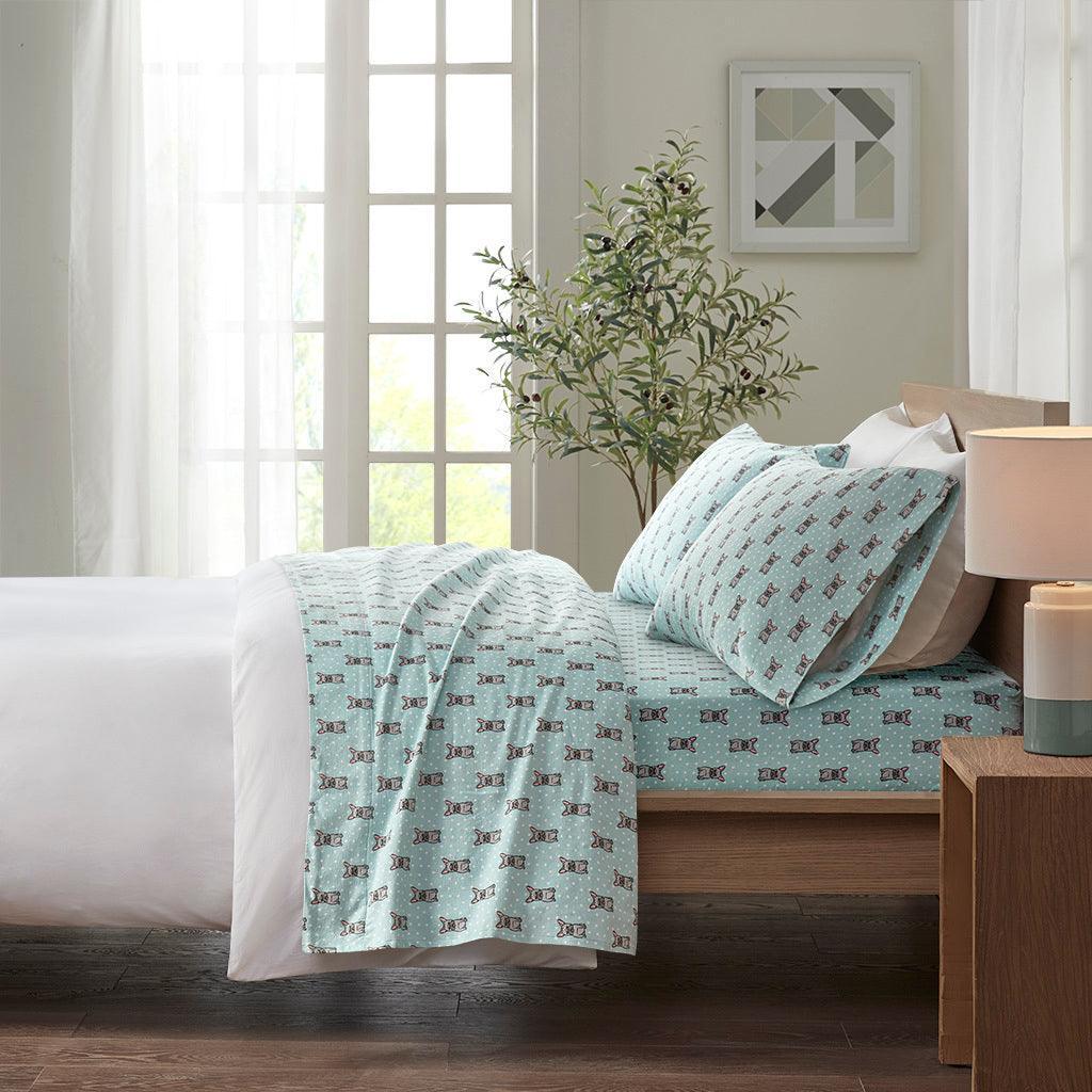 Olliix.com Sheets & Sheet Sets - Cozy Flannel King Sheet Set Aqua French Bulldog