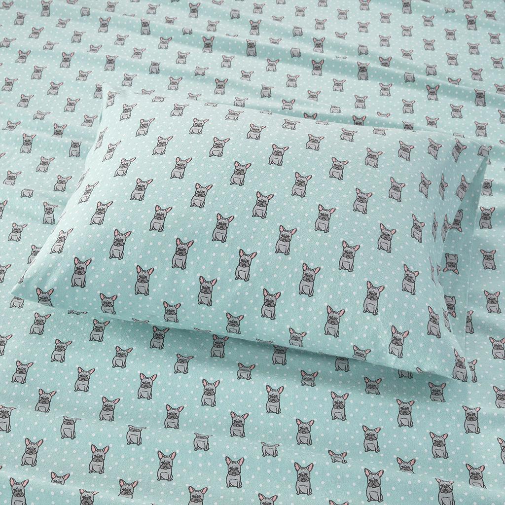 Olliix.com Sheets & Sheet Sets - Cozy Flannel King Sheet Set Aqua French Bulldog