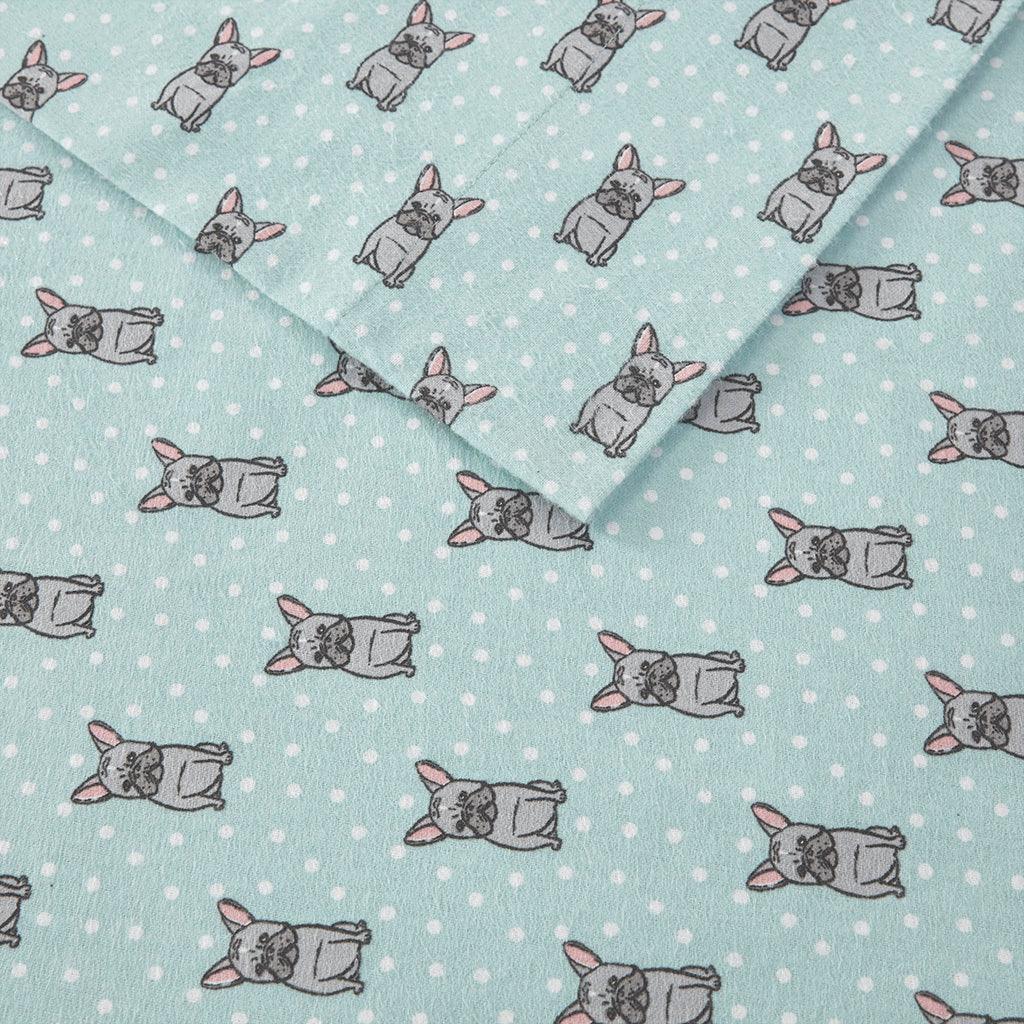 Olliix.com Sheets & Sheet Sets - Cozy Flannel King Sheet Set Aqua French Bulldog