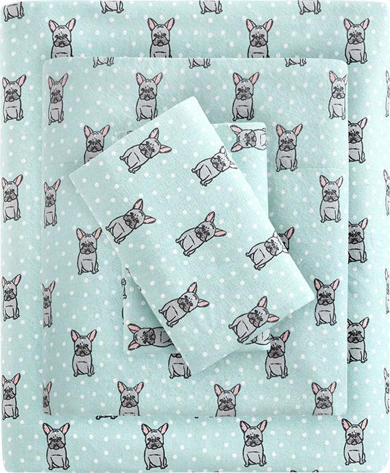Olliix.com Sheets & Sheet Sets - Cozy Flannel King Sheet Set Aqua French Bulldog