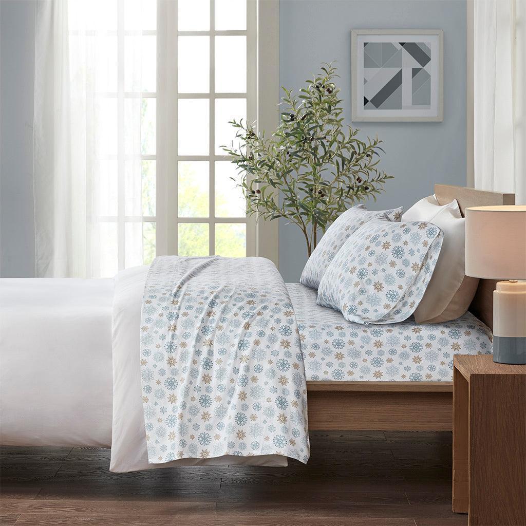 Olliix.com Sheets & Sheet Sets - Cozy Flannel King Sheet Set Tan & Blue