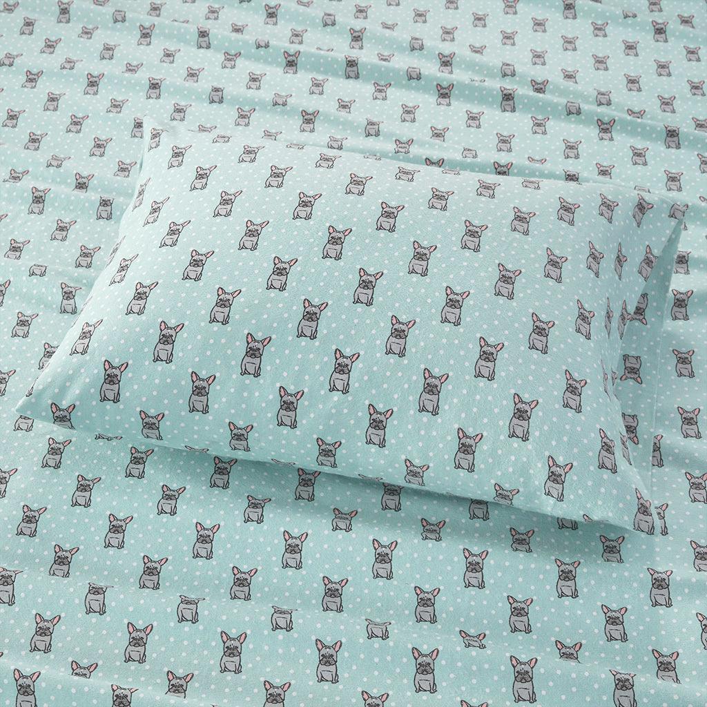 Olliix.com Sheets & Sheet Sets - Cozy Flannel Queen Sheet Set Aqua French Bulldog