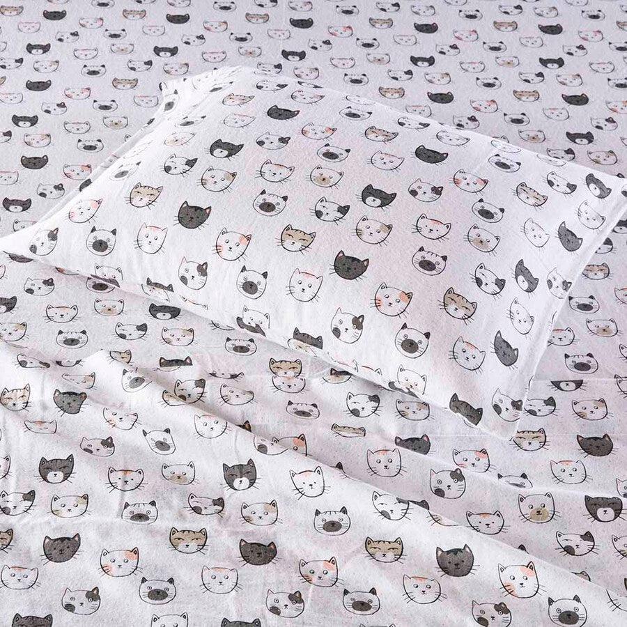 Olliix.com Sheets & Sheet Sets - Cozy Soft Cotton Novelty Print Flannel Sheet Set Queen Gray & Pink Cats